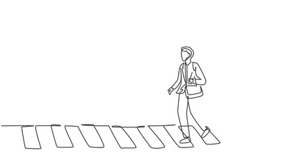 Canvas Print - Animated self drawing of continuous one line draw a male worker crosses the road on the zebra crossing after returning from work. There's a traffic light there too. Full length single line animation.