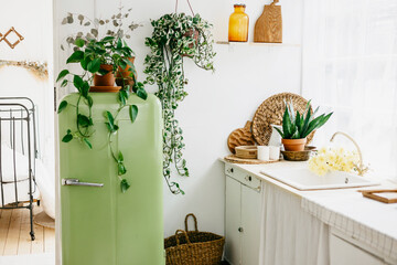 Wall Mural - retro design kitchen with white sink and green refrigerator in a wooden rustic house with cute wood decor, concept of a simple country life