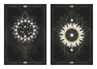 Wall Mural - Vector dark illustrations with sacred geometry symbols, grunge textures and frames. Images in black, white and gold.
