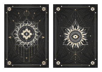 Wall Mural - vector dark illustrations with sacred geometry symbols, grunge textures and frames. images in black,