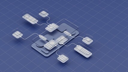 UX UI flowchart connection node graphic designer creative planning application process development data prototype wireframe for web mobile icon phone . User experience concept. 3d rendering.