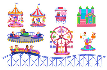 Theme Park set with electric cars, ferris wheel, carrousel, trampoline. Amusement park. Vector illustration for children.