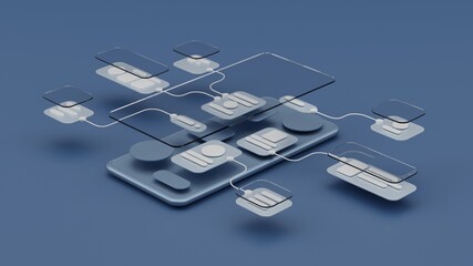 UX UI flowchart connection node graphic designer creative planning application process development data prototype wireframe for web mobile icon phone . User experience concept. 3d rendering.