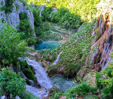 Aerial Bird's Eye View Of “Plitvice” Lakes And Waterfalls In HDR Croatia Europe National Park