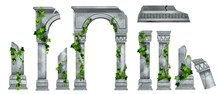 Vector Marble Roman Pillar Ruin Set, Greek Ancient Architecture Columns, Green Ivy Leaves, Climber Plant. Temple Stone Arch Collection, Historical Palace Broken Colonnade. Medieval Pillar Cracked Ruin