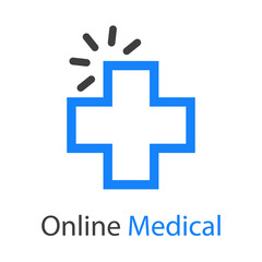 Poster - Logotipo con texto Online Medical con cruz con forma de puntero de mouse con lineas en color azul y gris