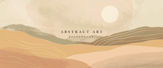 Mountain and sun Abstract art background vector. Luxury oriental style watercolor background with line art and brush texture. Wallpaper design for prints, cover, banner, wall art and home decoration.