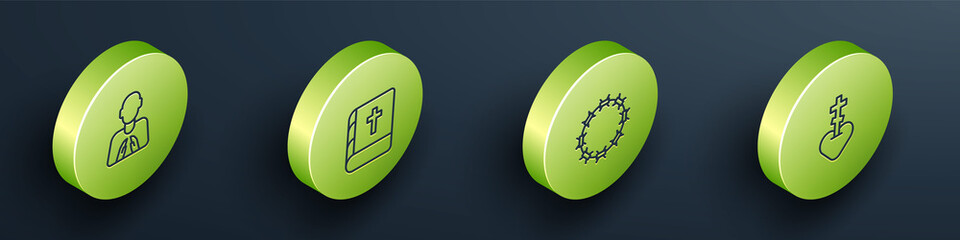 Set Isometric line Hands in praying position, Holy bible book, Crown of thorns and Religious cross heart icon. Vector