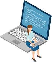 young programmer coding new project standing on big laptop with command line. woman looking at lapto