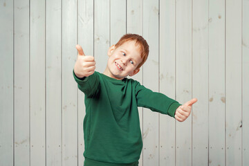 Wall Mural - Portrait of happy ginger little boy 7-9 years old in casual clothes showing thumbs up smiling and happy