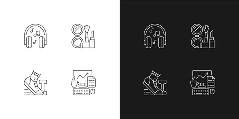 Canvas Print - Everyday office worker routine linear icons set for dark and light mode. Listening music in headphones. Customizable thin line symbols. Isolated vector outline illustrations. Editable stroke