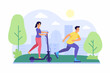 © Дмитрий Муску - Scooter and roller skating in park. Young woman rides joyful on electric scooter. Guy runs asphalt on roller skates. Active sports and outdoor walks in park. Vector flat illustration