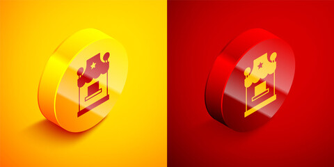 Wall Mural - Isometric Ticket box office icon isolated on orange and red background. Ticket booth for the sale of tickets for attractions and sports. Circle button. Vector