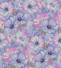 Floral Hand-drawn Pattern With Light Blue And Purple Flowers