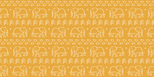 Decorative Tribal Elephant Print. Seamless Pattern Vector. Walking Herd Of Elephants. African Safari. Modern Boho Style Pattern Design. White Illustration On Mustard Yellow Background.