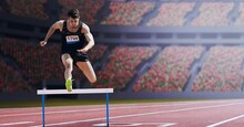 Caucasian Male Athlete Jumping Over A Hurdle Against Sports Stadium In Background