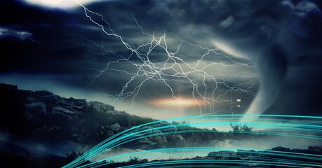 Green light trails against thunderstorm and dark clouds against view of cityscape