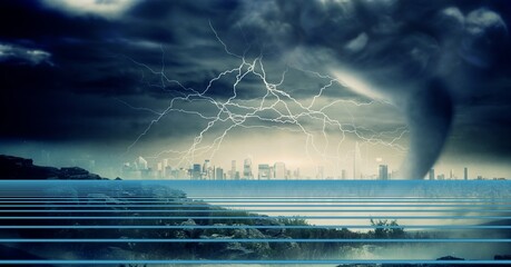 Green light trails against thunderstorm and dark clouds against view of cityscape