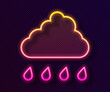 Glowing neon line Cloud with rain icon isolated on black background. Rain cloud precipitation with rain drops. Vector