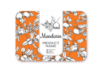 Wall Mural - Mandarin. Ripe citrus. Template for product label, cosmetic packaging. Easy to edit. Graphic drawing, engraving style. Vector illustration.