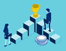 Business Employee Going Upstairs By Chart With Trophy On Top. Career Growth Isometric