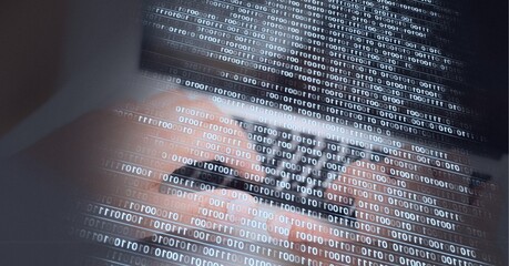binary coding data processing against mid section of person using laptop