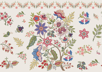 Wall Mural - Fantasy flowers in retro, vintage, jacobean embroidery style. Seamless pattern, background. Vector illustration. On army green background.