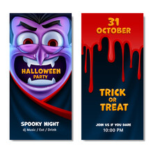 Graphic With Dracula With Open Mouth And Banner With Blood Advertising For Halloween