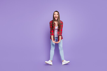 Full body photo of cute brunette hairdo young lady hold hands yell wear red shirt jeans isolated on purple color background