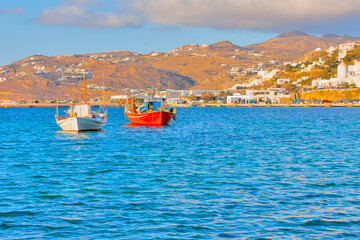 Wall Mural - Greece, traditional fishing boats in  Mykonos capitol