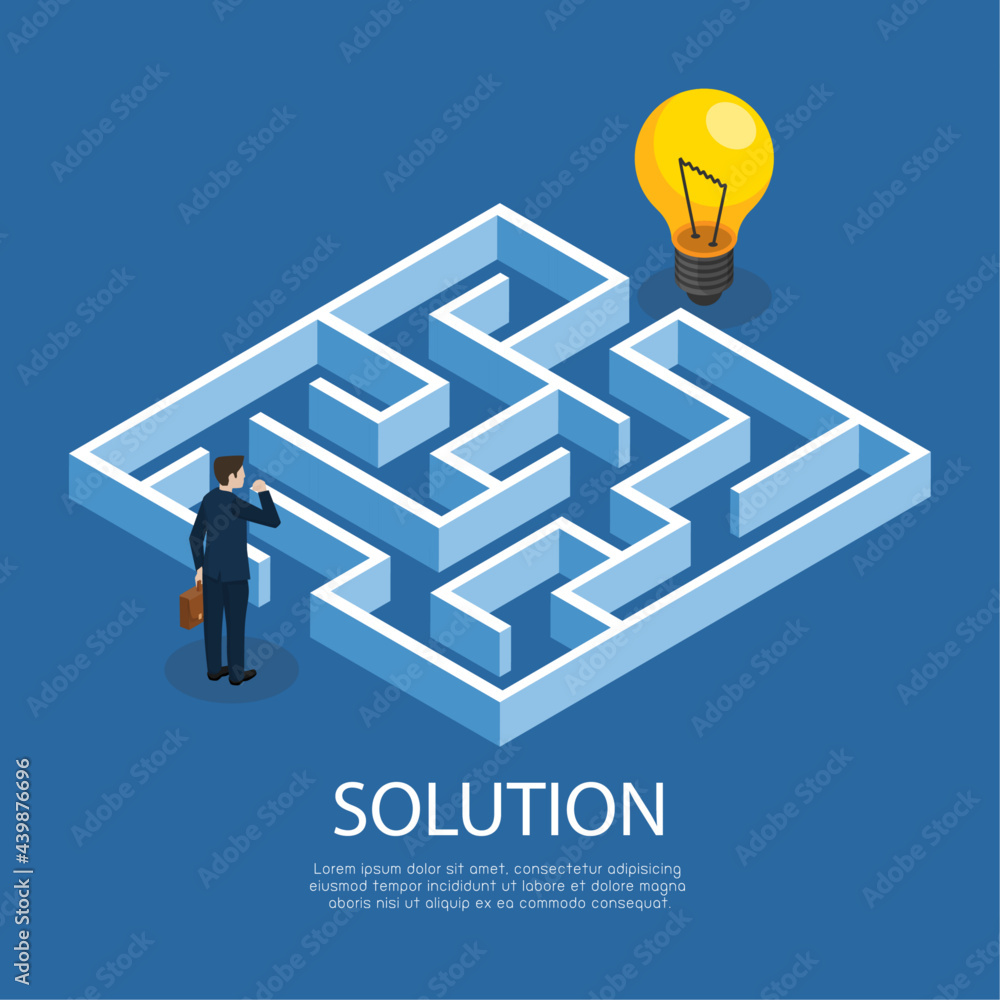 businessman looking idea in the maze isometric. business solution pass ...