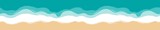 Panoramic view of the beach. Long, elongated, horizontal banner. Sand, seashore with azure waves. Sea coast top view, aerial view. Seamless marine background. Hand drawn vector illustration