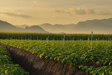 Wall Mural - Corn field with mountain and sky