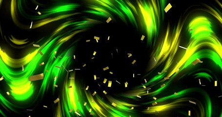 Wall Mural - animation of confetti falling over glowing green and yellow light trails on black background