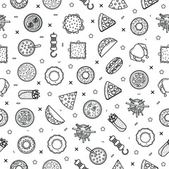 Abstract Doodle Seamless Pattern, Hand Drawn Fast Food Elements Tacos Pizza Barbecue Donut Burrito Cheese Soup Tacos Chicken Sandwich Hot Dog Vector Design Style Background Illustration Icons