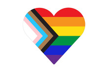 Heart Shape Icon Of New Pride Flag LGBTQ . Redesign Including Black, Brown, And Trans Pride Stripes. Flat Vector Illustration