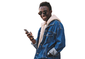 Wall Mural - Portrait of smiling young african man with smartphone isolated on a white background