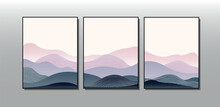 Abstract Landscape In Cold Colors. Triptych. Interior Wall Decor. Home Art. Vector Illustration In Scandinavian Style.