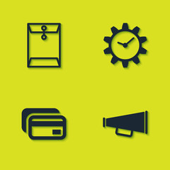 Sticker - Set Envelope, Megaphone, Credit card and Time Management icon. Vector