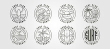 Set Of Line Art California Surf Club Icon Logo Vector Illustration Design, Ocean Landscape Minimal Logo Design