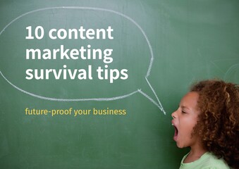 Sticker - Composition of 10 content marketing tips text in speech bubble on chalkboard with shouting girl