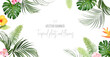 © lavendertime - Tropical banner arranged from exotic emerald leaves and exotic flowers