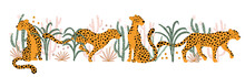 Leopards In The Tropical Jungle. Vector Illustration Composition Of Animal, Plants, Cacti, Succulents In Simple Cartoon Hand-drawn Style. Pastel Earthy Palette. Isolate On A White Background.