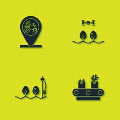 set tractor and location, conveyor belt with box, standalone sensor plant and smart farm drone icon.