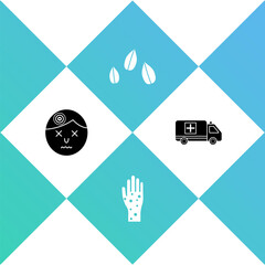 Wall Mural - Set Man having headache, Hand with psoriasis or eczema, Sesame seeds and Emergency car icon. Vector