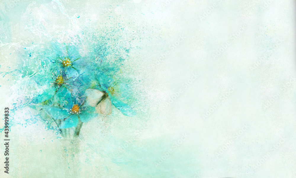 Kwiaty niebieskie z motylem, panorama. Copy space - obrazy, fototapety, plakaty 