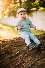 Cute and handsome baby boy 1-2 years old exploring nature in summer, having fun