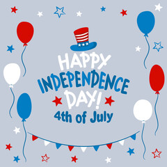 Wall Mural - Lettering with stars and balloons for USA Independence Day. Card by July 4th in national colors of the United States of America. Vector illustration for poster design in doodle style.