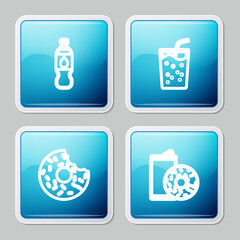 Sticker - Set line Bottle of water, Glass with, Donut and Aluminum can soda and donut icon. Vector