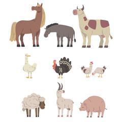 Sticker - Farm Animals Set, Horse, Donkey, Cow, Goose, Turkey, Pig, Sheep Livestock Cartoon Vector Illustration